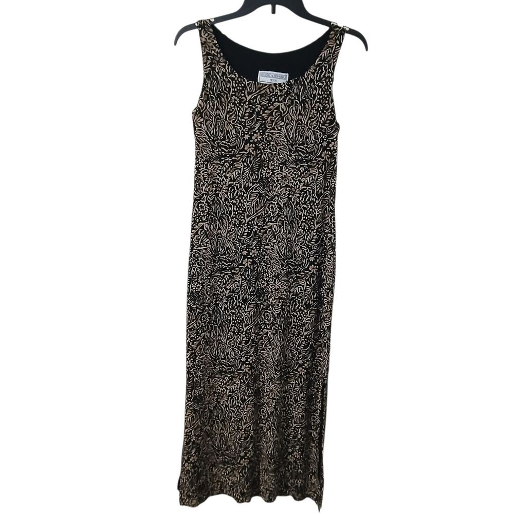 Jessica Howard Petite Dress Size 10P Black Beige Leaf Print Sleeveless Maxi Slit